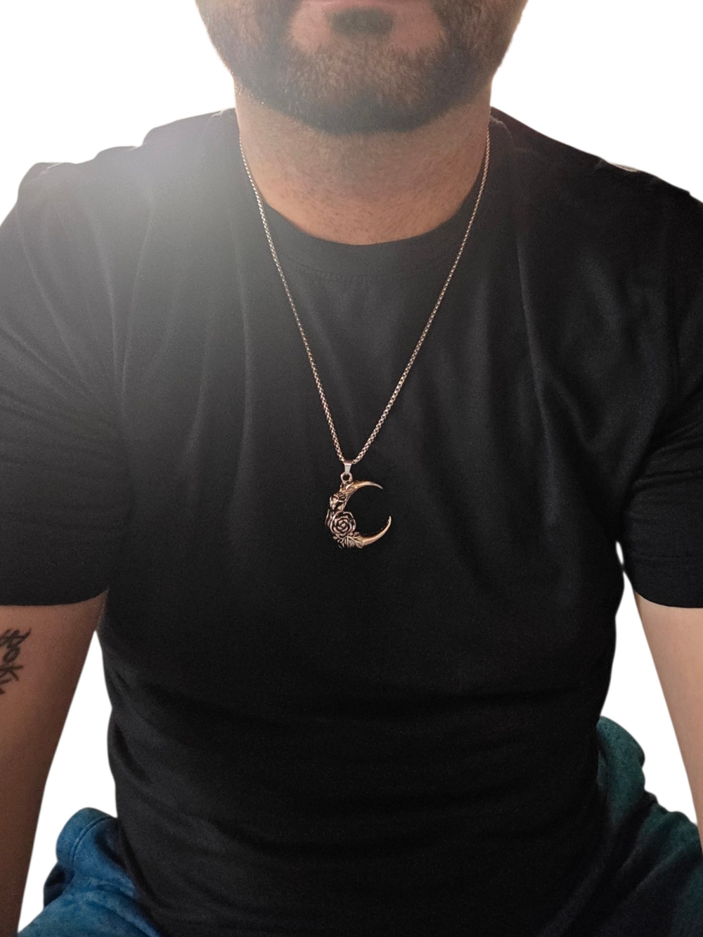 New Stainless Steel Crescent Moon Rose Pendant Necklace - Picture 7 of 7